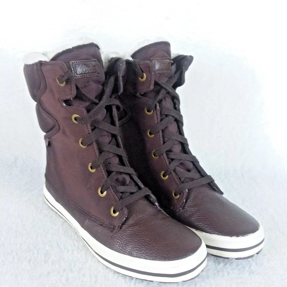 Keds Droplet Leather Canvas Dark Brown Winter Boots Fleece Lined‎ Women's 8.5